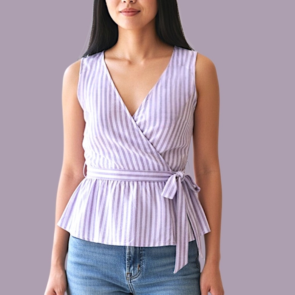 💚 Super Cute 14th & Union Wrap Purple Striped Sleeveless Spring/ Summer Top